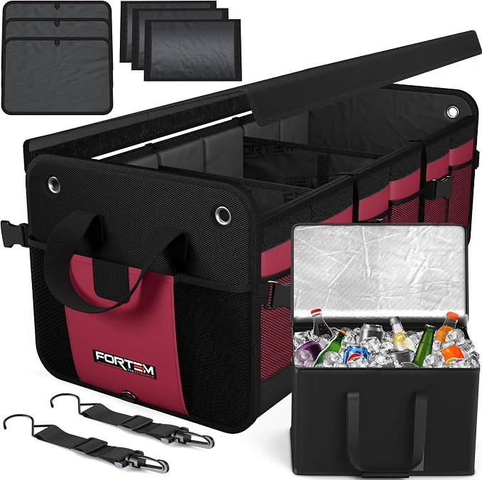FORTEM Trunk Organizer - Collapsible Car Organizer & Storage Bag for SUVs | Car Accessories for Men & Women, Cooler Bag, Non Slip Bottom, Straps, Soft Cover, 1680D Oxford, 6 Compartments, Red, 110L