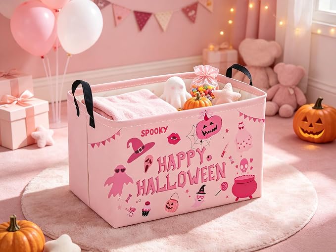 Sanjiaofeng Rectangular Pink Halloween Ghost Storage Basket,Waterproof Foldable Storage Baskets,Trick or Treat Halloween Basket,Halloweens‌ Party Candy Gift Baskets(Pink Ghost)