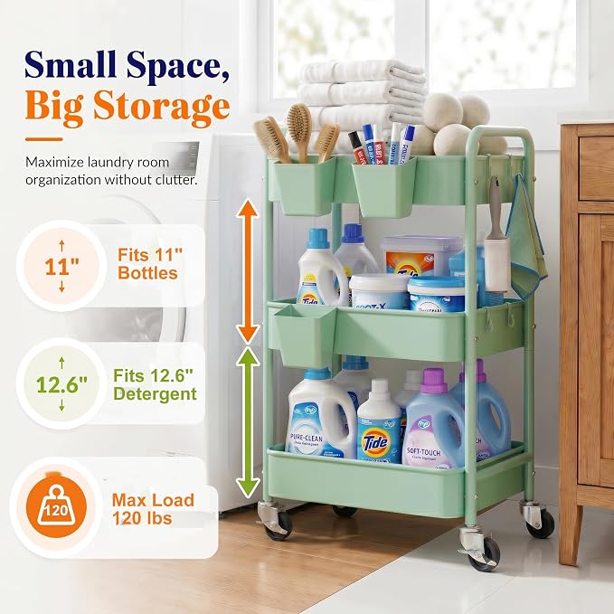 3 Tier Rolling Storage Cart Metal with Wheels, Green Baby Diaper Caddy Carts, Three Tiered Craft Cart Organizer on Wheels, Utility Roller Trolley for Art, Book, Snack, Office, Laundry, Bathroom Shelf