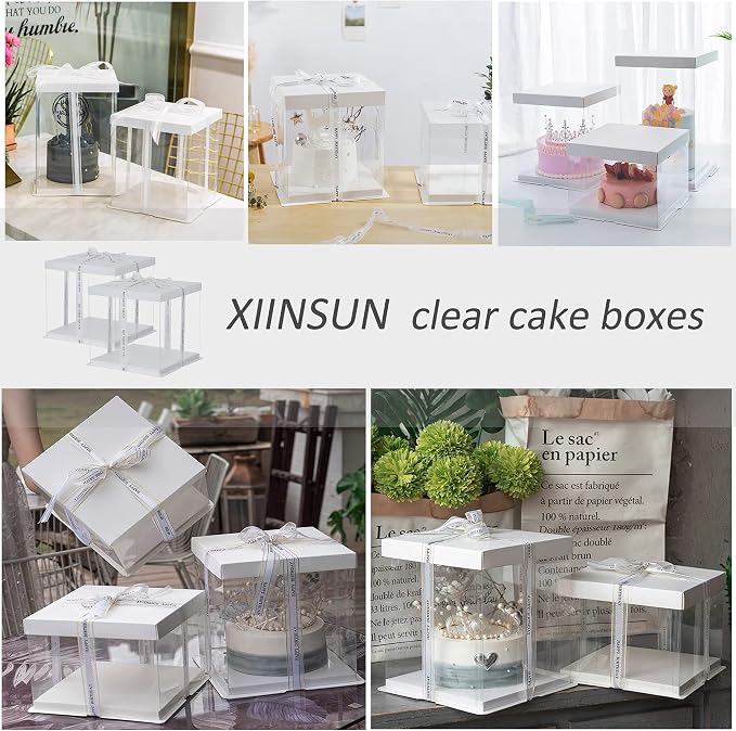 XININSUN 2Pcs Large Cake PET Clear Box, 10" X 10" X 9" with ribbon and pre-folded lid, for 8" cake packing carry, baking cookie display, Carry Tall Layer Gift, Festive Gift Box -White | pre-folded lid, for 8" cake carrier, Carry Tall Layer Gift, Festiv...