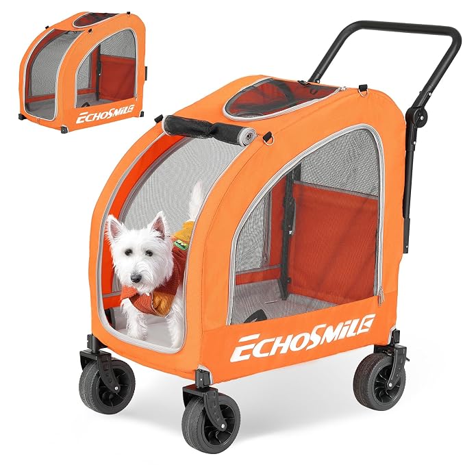 EchoSmile 4-Wheel Pet Stroller for Dogs & Cats, Up to 135 lbs, Orange | Lightweight Carrier · Storage Basket Included · Adjustable Handle · Removable Pad