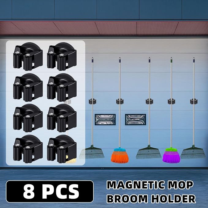 Vercraft 8 Pcs Magnetic Broom Holder Wall Mounted Anti Slip Rack,Black | Movable Magnetic Organizer for Mops Brooms, Dual Roller Grip, Wall Storage for Garage Kitchen Laundry Garden Tools