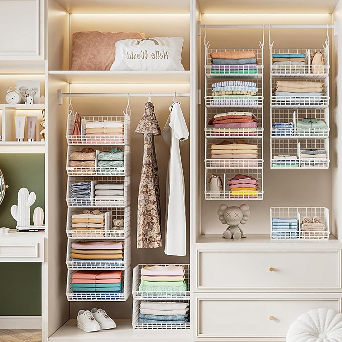 6 Tier Extra Large Hanging Closet Organizer, Closet Storage Hanging with Dividers, Wire Closet Shelf with 5 S Hooks 4 Dividers,Sweater Handbag Hat Accessory Storage Hanger,White
