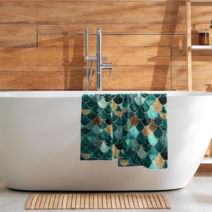 Giwawa Mermaid Hand Towels Set of 2, Teal Golden Fish Scale Turquoise Larger Towel, Summer Aqua Gold Brown Bath Tea Bar Fast Drying for Home Bathroom Kitchen Hotel Spa Decor Green Gold Mermaid