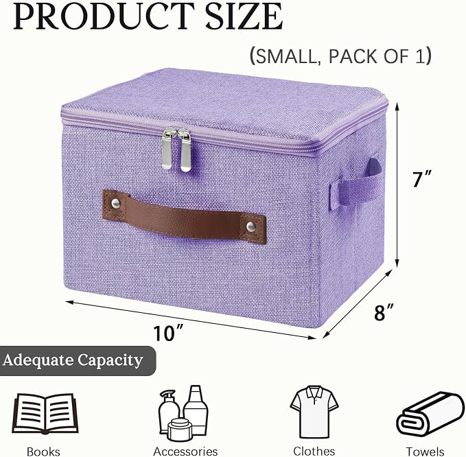 Storage Bins with Zipper Lid Decorative Lidded Storage Boxes | Collapsible Cotton Linen Fabric Storage Baskets, PU Leather Handle, Stackable Shelf Closet Organizer Container(Purple, Small)