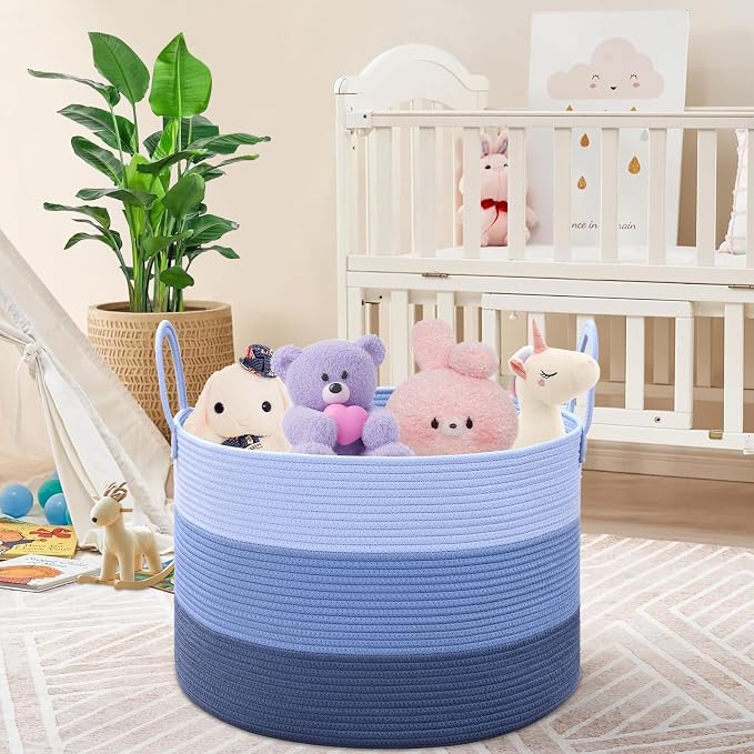 67L Large Woven Blanket Basket, Cotton Rope Baby Laundry Hamper with Handles, Kids Toy Basket for Classroom & Nursery, Soft Round Stuffed Animal Storage, Dog Toy Bin - 20"x13", Blue