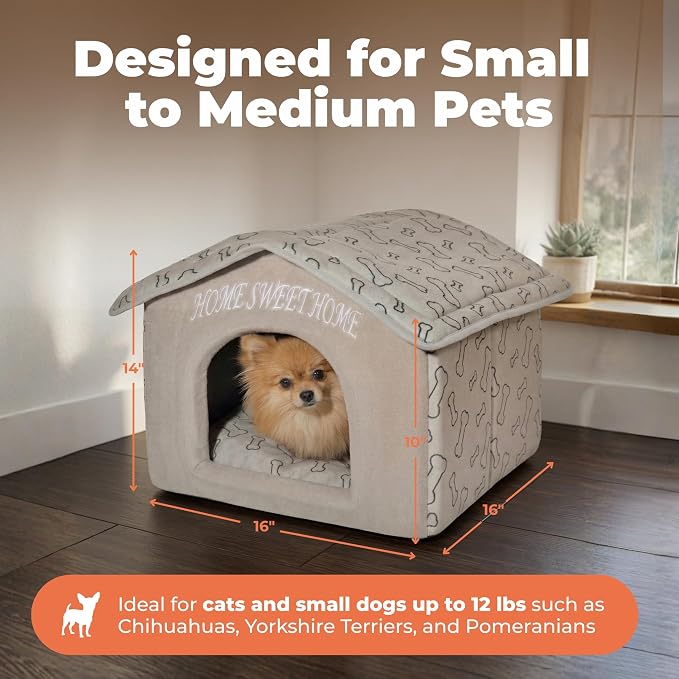 Best Pet Supplies Cat Bed for Indoor Cat, Domed Tent House with Removable Pillow, Covered Cat Cave for Small Dog, Puppies and All Breeds of Cats - Light Brown w/ Bones, 16 x 16 x H:14"