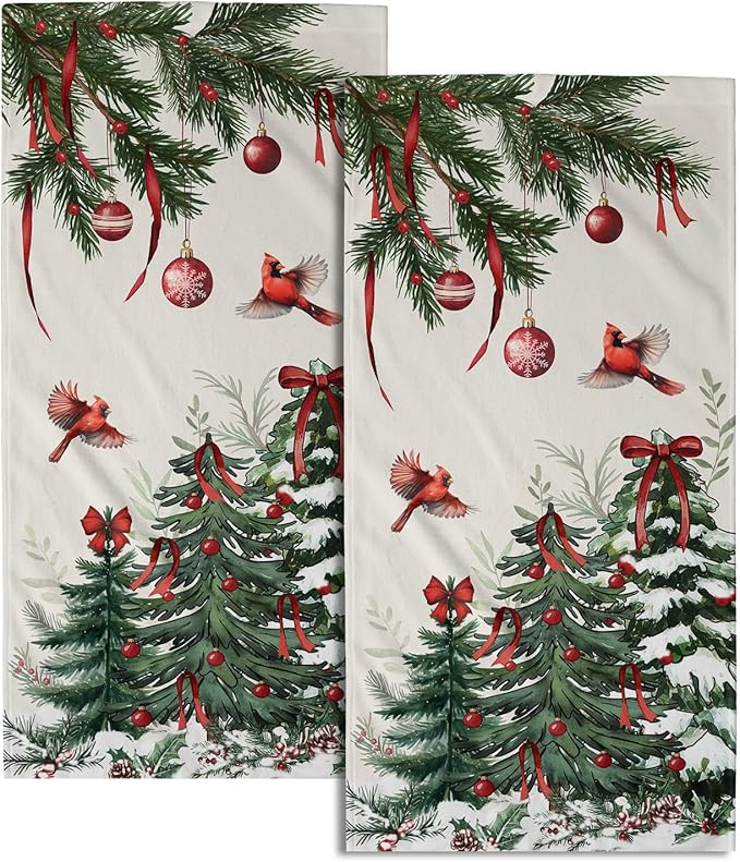 Giwawa Pine Tree Hand Towels Set of 2 Red Birds Decorative Kitchen Dish Towels Soft Microfiber Absorbent Fingertip Towel for Guest Bathroom Hotel