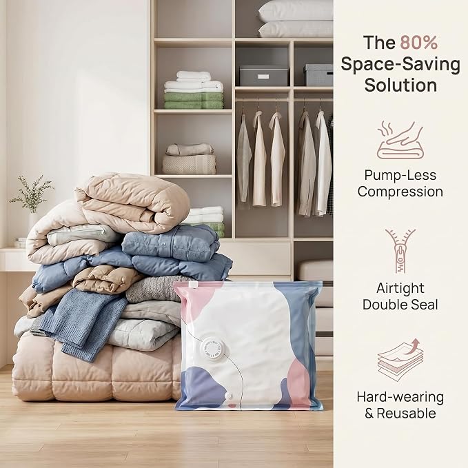 No‑pump Vacuum Storage Bags - 3-Sec Fast Compression, Heavy-Duty Travel Vacuum Bags Without Pump, Reusable Large Cube Vacuum Seal Bags, Press & Seal, Keeps Clothes Dry & Dust‑Free (M,6PCS)