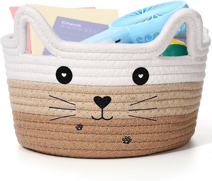 Zopeal Cat Woven Gift Basket Storage,8.3 x 4.7 Inch,Tan Gradient | Cute Cotton Rope Organizer with Handles for Toy Box, Nursery Decor, Decorative Bin, Pet Supplies Holder, Desk Storage