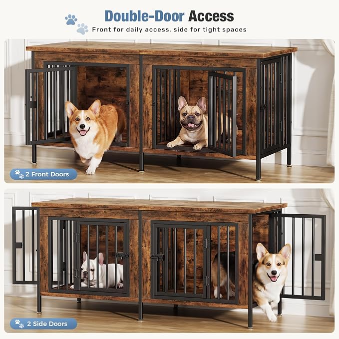 DUMOS 54" Dog Crate Furniture for 2 Dogs with Divider, Rustic Brown | Wooden Dog Kennel Furniture, Small Breed Center Divider and Double Doors, Heavy Duty Indoor Dog Cage, TV Stand, Side Table