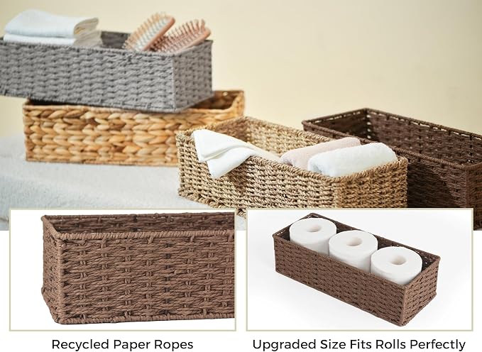 StorageWorks Toilet Tank Basket, Wicker Toilet Paper Baskets, Brown | Wicker Baskets for Bathroom Decor, Paper Rope Bathroom Basket Organizer and Storage for Tank Topper, 2 Pack