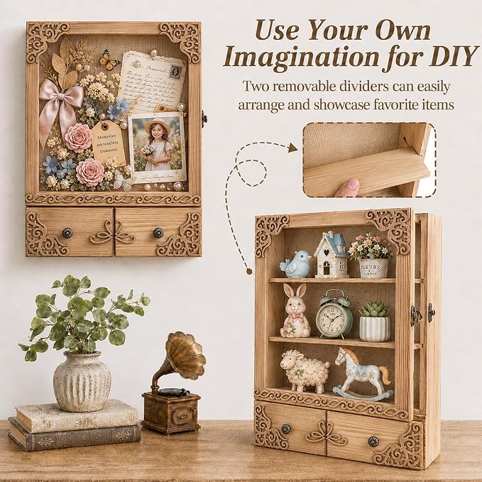 11x16 Shadow Box Frame with Light, Wedding Memorial Display Case with Shelves, Drawer and Slot for Keepsakes Large Deep Shadow Box for Flowers,Wedding Gift, Rustic Wood
