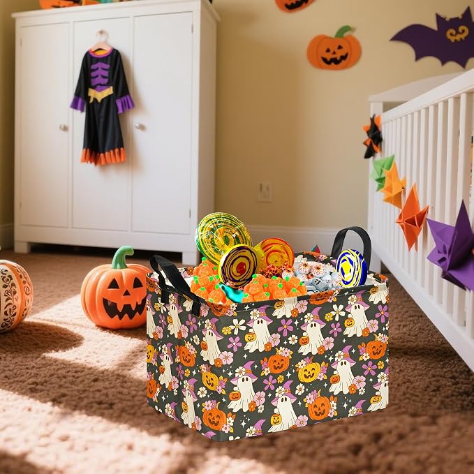 Halloween Pumpkin Ghost Storage Basket, Foldable Toy Organizer Bin | Halloween Pumpkin & Ghost Design with Cotton Linen Fabric, Waterproof Lining, Leather Handles and Foldable Storage Style