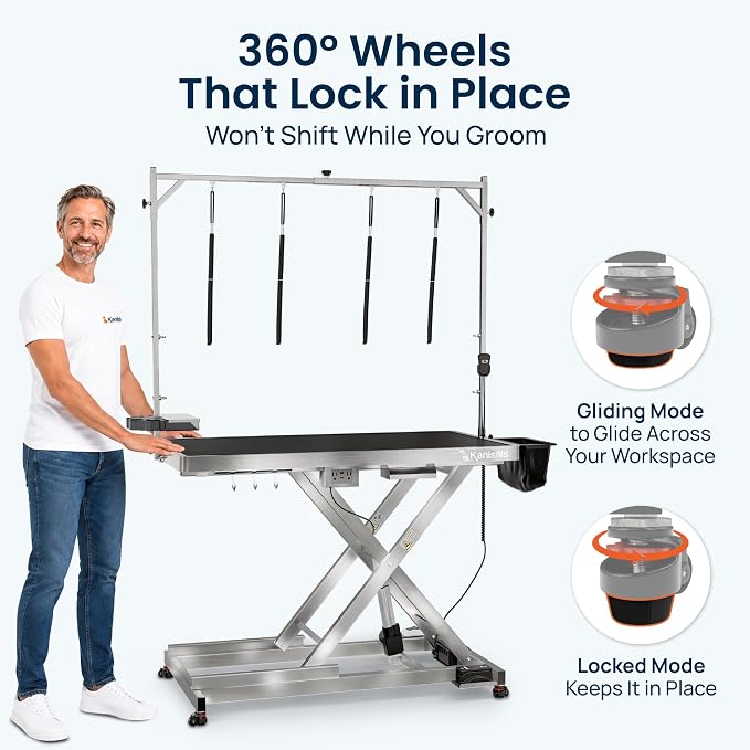 49" Professional Electric Dog Grooming Table, 304 Steel, Heavy Duty | Adjustable Table for Pet Grooming, 10-40in Quiet Lift, Grooming Arm, AC/USB Power Hub, Anti-Slip Surface, Leveling Wheels