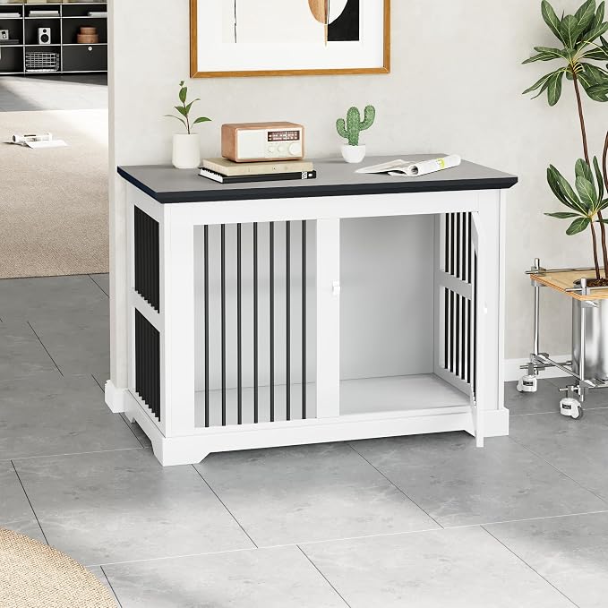 44" Wooden Dog Crate Furniture,Large Kennel Pet Cage End Table for Indoor | for XXL XL Medium Dogs, White and Grey, Fits Living Room Bedroom, Heavy Duty Steel Frame with Lock 100 lbs Cap, 100 lbs Top.