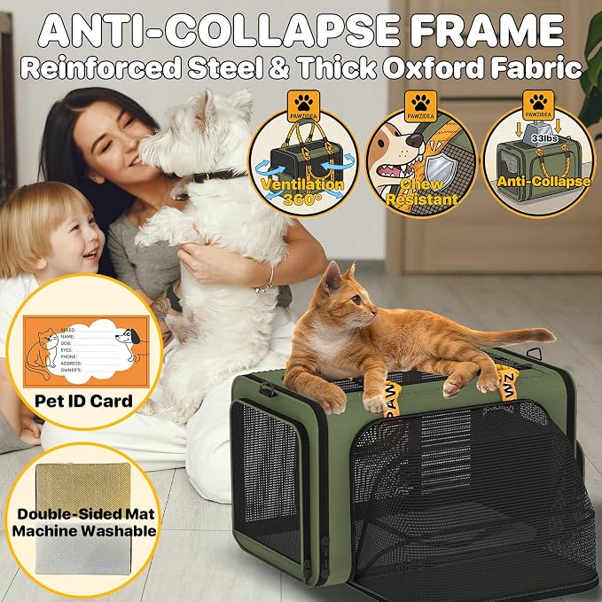 PAWZIDEA Expandable Pet Carrier for Small Cats & Dogs, TSA Airline Approved | 18"×11"×11" Soft-Sided Small Dog Travel Bag, Collapsible Top-Load Cat Carrier for 2 Cats Under Seat, Puppy Car Seat Up 15lbs