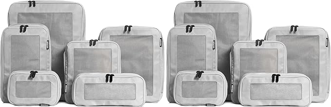 Compression Packing Cubes for Travel - Luggage Organizer Bags - Double Zipper Packing Cubes for Suitcases (12-Pack, Light Grey)