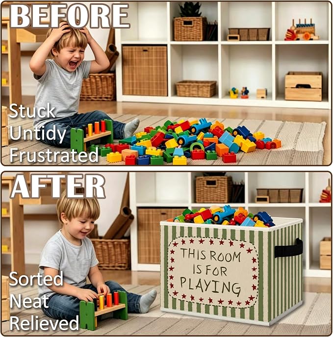 Nursery Playroom Cube Storage Bins with Handles, This Room Is for Playroom Green Striped Collapsible Fabric Storage Basket Boxes Books Clothes Organizer for Boys Bedroom Playroom Bathroom
