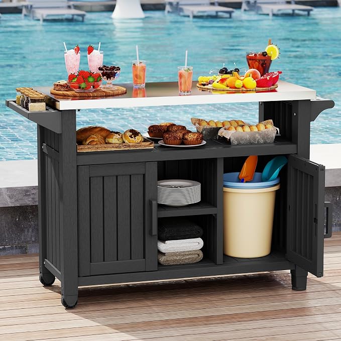 Bifanuo Outdoor Grill Table Grill Cart with Stainless Steel Top & Storage Cabinet for Food Prep and Storage, Portable and Durable with Wheels(Black)