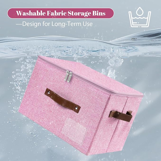 ANMINY Storage Box Fabric Bins with Zipper Lid, 17.7"x13.8"x10" Pink | Keepsake Box, Decorative, Cotton Linen, Reinforced PP Board Frame, Washable, Stackable & Foldable, Label Holder & PU Handles