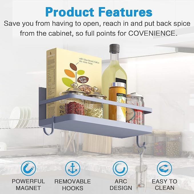 Magnetic Spice Rack, Strong Magnetic Shelf with 2 Removable Hooks, Perfect Space Saver for Small Kitchen/Apartment, Awesome Metal Cabinet for Holding Spices, Jars, Bottle, Beve(Grey, 2Pack)