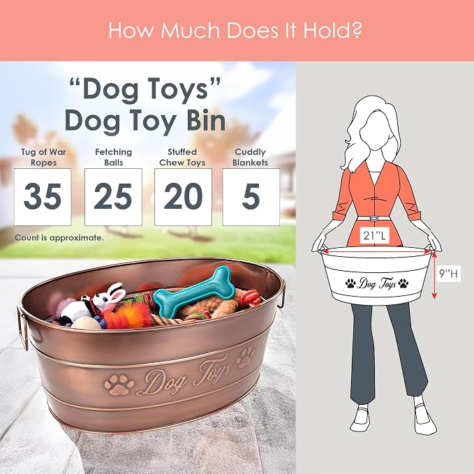BREKX Copper Metal Dog Toy Storage Bin, Indestructible, Large | Toy, Blanket & Leash Organization • Carrying Handles