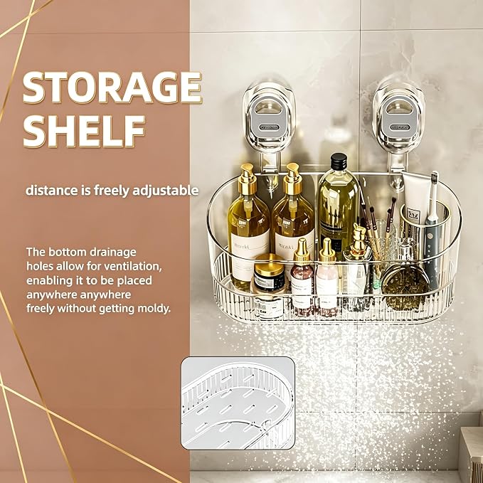 No Drill Clear PET Lock Suction Storage Caddy with Drain Holes | Lockable no-drill suction cups, drain hole PET basket, fits marble, glass, tile & smooth metal walls.