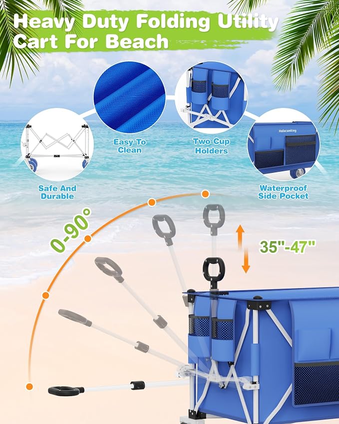 59"L Beach Wagon with 9×4" Big Sand Wheels, Expandable Tailgate | Heavy Duty Collapsible Utility Cart with 9" All-Terrain Non-inflatable Balloon Wheels for Beach Camping Baseball Fishing