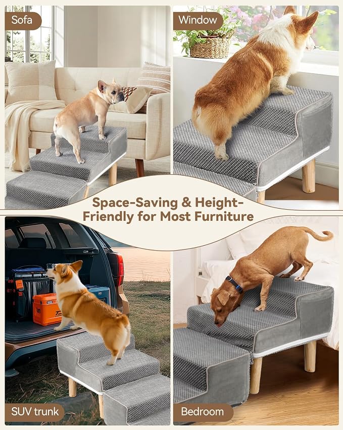 Dog Ramp Ottoman, 2-in-1 Dog Stairs for Couch and Low Bed, Foldable Solid Wood Pet Steps for Small, Medium, Senior Dogs & Old Cats - Couch Height, Washable Cover, Storage Pocket, 135lb Capacity