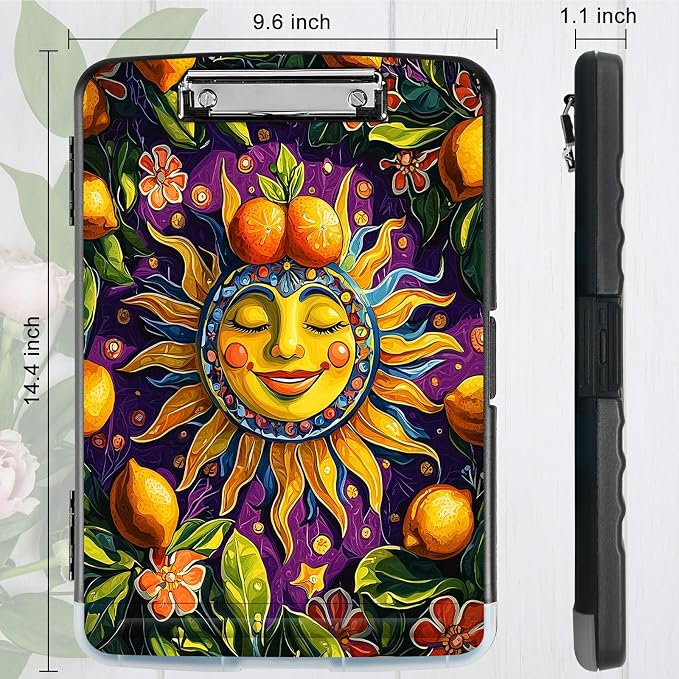 A4 Clipboard with Storage Pen Holder, Clipboards Organizer Nursing Clipboard Foldable File Folder Plastic Clipboard Folio Clip Board for Office Work Classroom Doctor, Sun Lemon