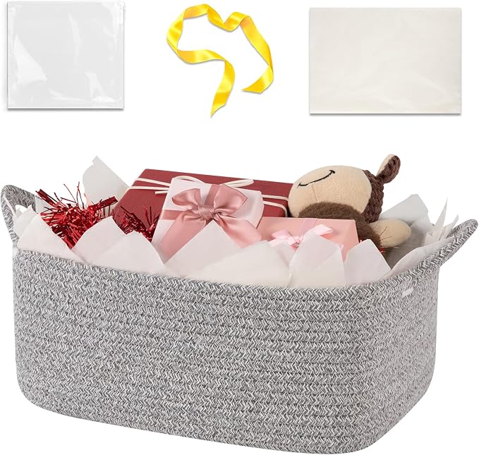 OIASKET Gift Basket Empty with Handle, Small Woven Baskets for Gifts Empty | 13.6"x10"x5.9", Baby Shower Toy Storage Baskets, Dog Toy Storage for Organizing, with Gift Bag Ribbon Tissue Paper