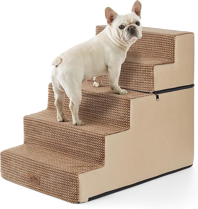 COZY KISS Dog Stairs for Small Dogs, 5 Step Pet Stairs for Beds & Couches | 23.6" Extra Wide Non-Slip Dog Steps with Removable Tiers & Support Board for Puppies, Older Cats & Dogs, Light Brown