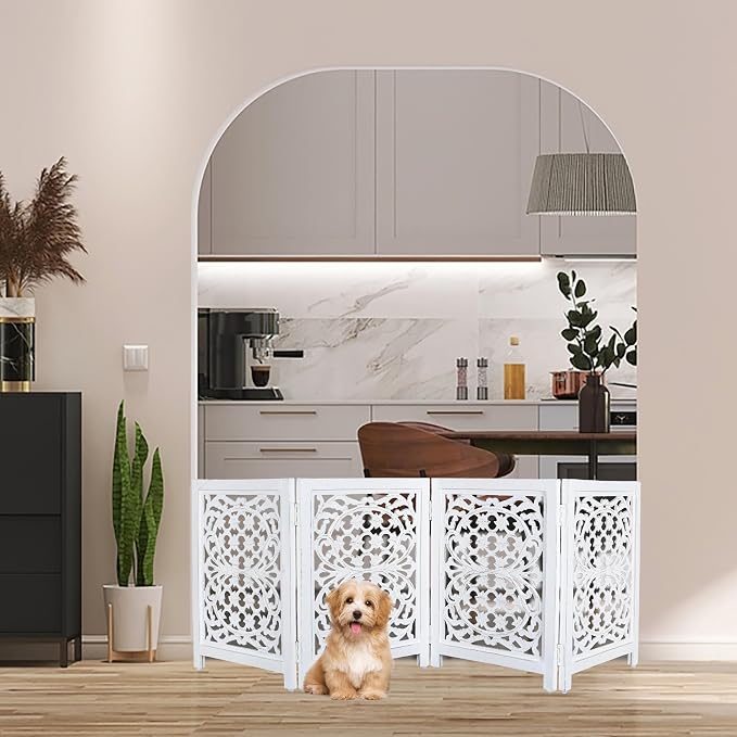 Lightnpro 4-Panel Wooden Dog Gate with Stopper – 72 Inch Extra-Wide Foldable Freestanding Pet Barrier, Antique White Indoor Safety Fence for Small Dogs & Puppies – 24x18 Inch Panels