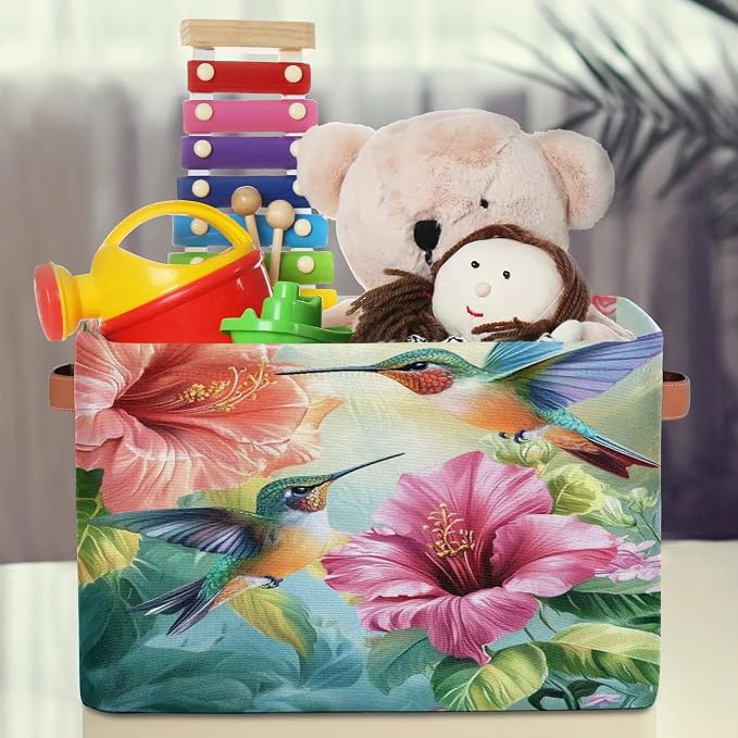 Hummingbirds Storage Baskets with Handles Fabric Storage Boxes Collapsible Nursery Basket for Shelf Book Cloth 15 X 11 X 9.5 IN Closet Organizer Bins