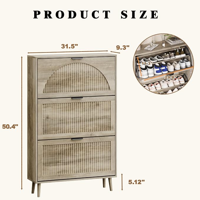 Shoe Storage Cabinet with 3 Flip Drawers, Narrow Wood Shoe Organizer Cabinet with Fluted Panel, Slim Shoe Rack for Entryway, Freestanding Shoe Cabinet for Living Room, Hallway, Grey