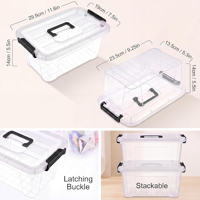 Storage Bins with Lids,7Qt Clear Stackable Storage Containers With Lids Buckle Latches.Perfect for LEGO, Crafts, Office Supplies, and Dorm Room Organization,6-Pack,ClearBlack