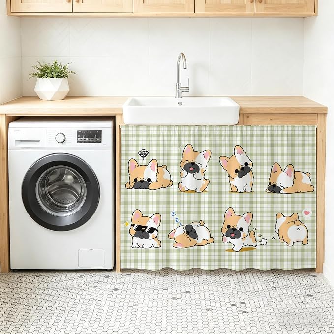 Cute Puppy Oven Skirt Curtain for Kitchen Decor 28"x35", Sage Green Plaid Modern Funny Dogs Pet Self Adhesive Stove Curtains Skirt Cabinet Curtains for Bathroom Laundry Room