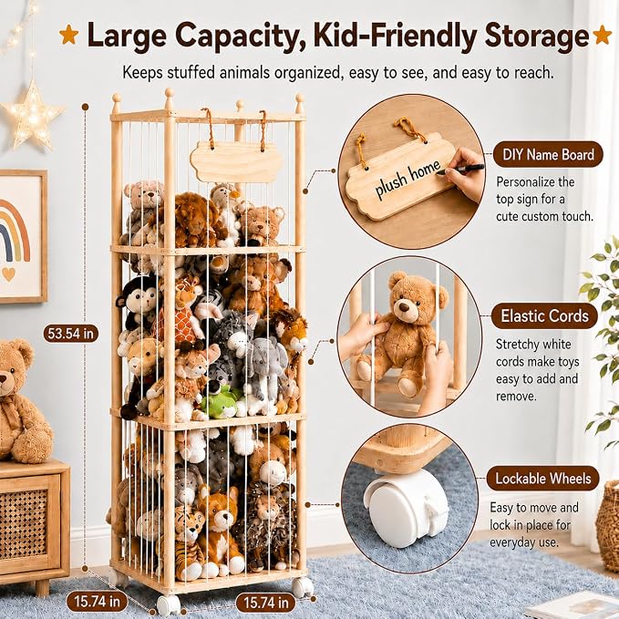 TANONE Stuffed Animal Storage with Wheels - Large Stuffy Storage for Kids | Wooden Stuffed Animal Organizer with Separate Sections for Large and Small Plush - Zoo Hodler Tower for Playroom and Nursery