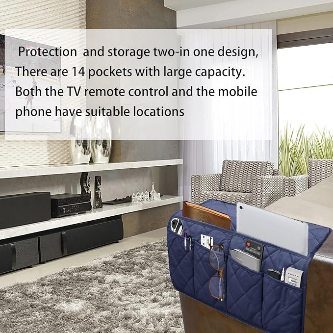 Armchair Caddy for Recliner - Sofa Armrest Organizer with 14 Pockets | Waterproof Remote Control Holder for Recliner, Non-Slip Chair Arm Storage for TV Remote, Phone, Books, Magazine, iPad