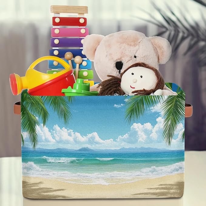 Summer Beach Palm Trees Storage Boxes Theme Storage Nursery Baskets with Handle Closet Collapsible Organizer Shelf Bins for Book Cloth 15 X 11 X 9.5 IN