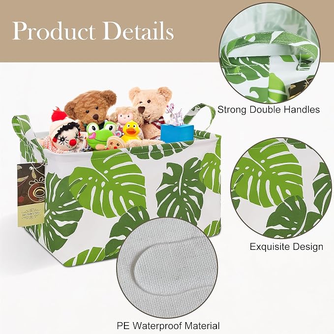 Rectangle Foldable Storage Basket Handles For Home, Leaf | Waterproof canvas material, reinforced handles, perfect for shelf use, organizes clothes, daily items and pet supplies