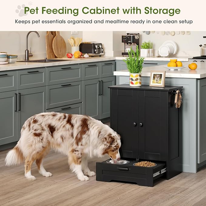 Dog Feeding Station with Storage Cabinet, Black Wood Dog Cabinet with 2 Elevated Stainless Steel Bowls, Hidden Pull-Out Feeder Drawer, Pet Feeding Station for Kitchen and Living Room