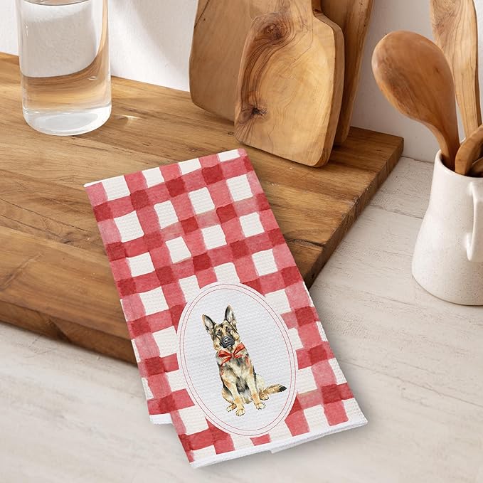 Red Plaid German Shepherd Kitchen Towels 16x24 Inch, German Shepherd Lovers Gifts Decorative Hand Towels for Bathroom, Red Checkered Dog Dish Tea Towel Drying Cloth