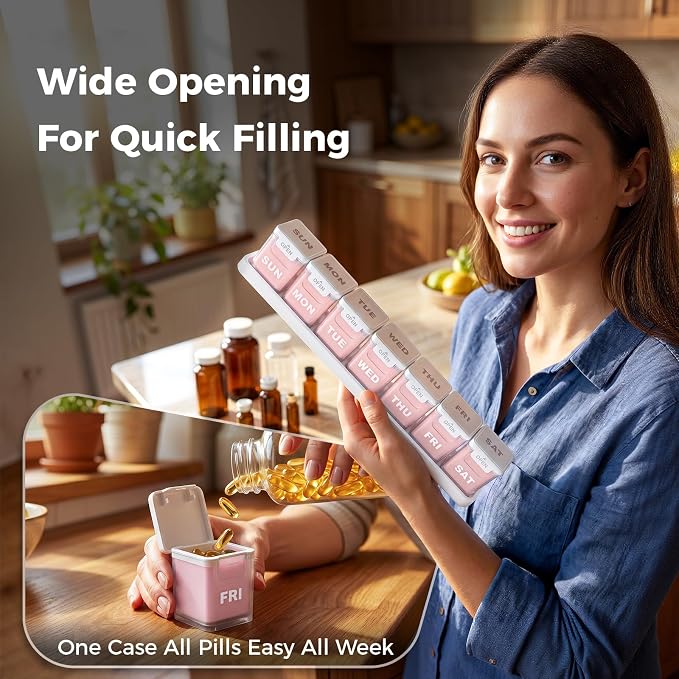 ODARO Extra Large Weekly Pill Organizer Once A Day - Pink | Large Capacity, Big Font, Wide Opening Easy For Seniors, Detachable Portable, Spill Proof, BPA Free
