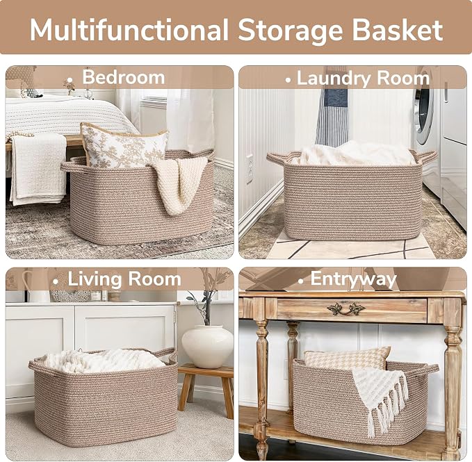 Goodpick Large Woven Rope Blanket Basket, Rectangle, Brown, 75L | 21.6'' x 14.9'' x 11.8'' Storage Basket for Blankets, Toys & Clothes, Living Room & Nursery Organization, Reinforced Handles