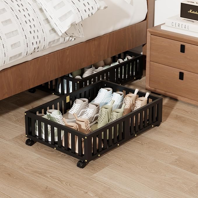 Under Bed Storage with Wheels, 2 Pcs Bamboo Drawers for Clothes and Toy | 360° wheels glide smoothly. Sturdy bamboo frames hold clothes, shoes, bedding and toys. Easy pullout access keeps rooms tidy