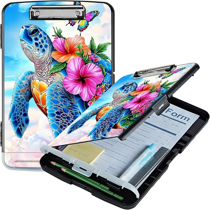 A4 Clipboard with Storage Pen Holder, Clipboards Organizer Nursing Clipboard Foldable File Folder Plastic Clipboard Folio Clip Board for Office Work Classroom Doctor, Turtle Pink Flower