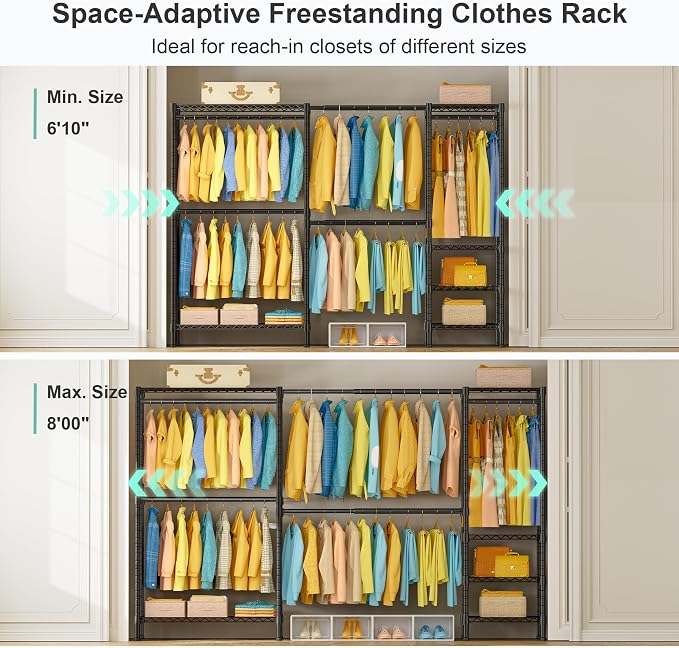 SEMHOR E01 Expandable Heavy Duty Clothes Rack, Free Standing Closet System | 72.5-96" Adjustable Portable Garment & Clothing Racks for Hanging Clothes Carbon Steel, 800LBS Max Load, Black