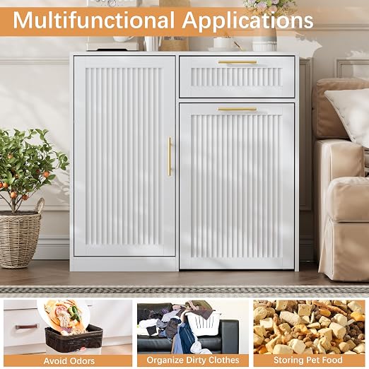 13 Gallons Pull Out Trash Can Cabinet with Storage, White | Fluted Kitchen Trash Cabinet with Adjustable Shelf & Drawer, Hidden Wood Pet Proof Trash Can Holder for Laundry, Living Room